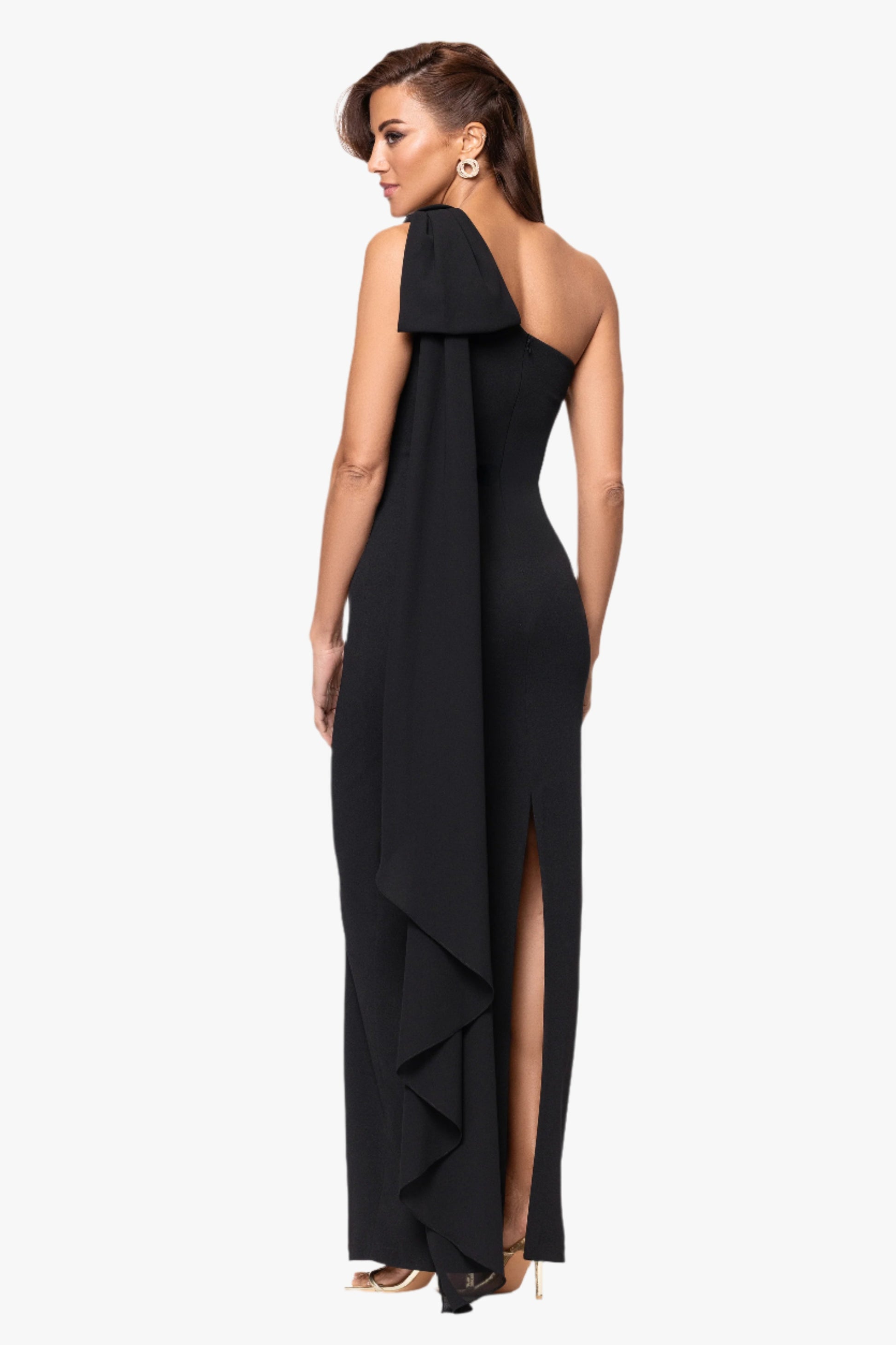 "Grace" Scuba Crepe and Chiffon One Shoulder Shash Dress Black XSCAPE