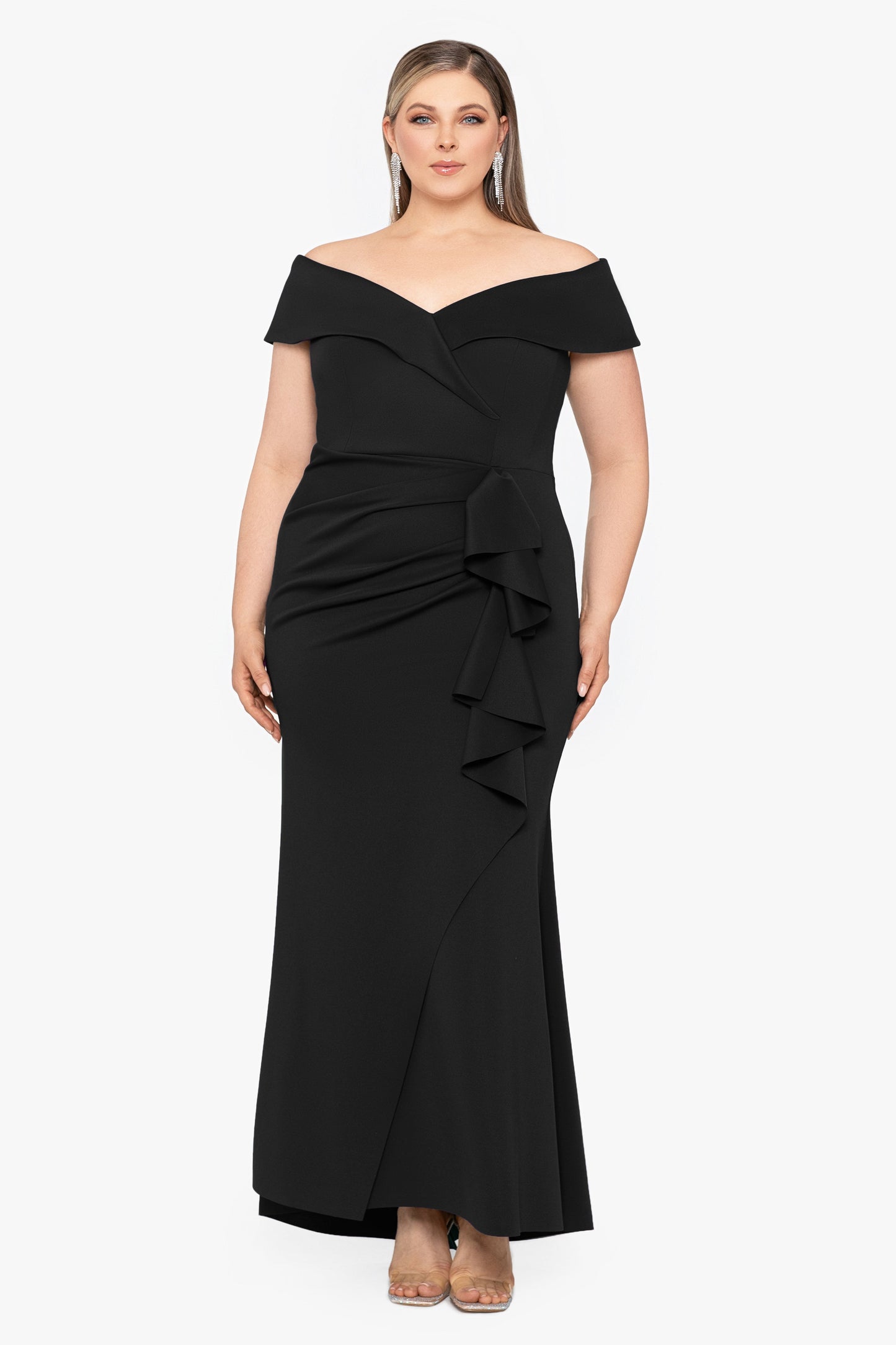 Plus "Patti" Techno Scuba Off The Shoulder Dress Black XSCAPE