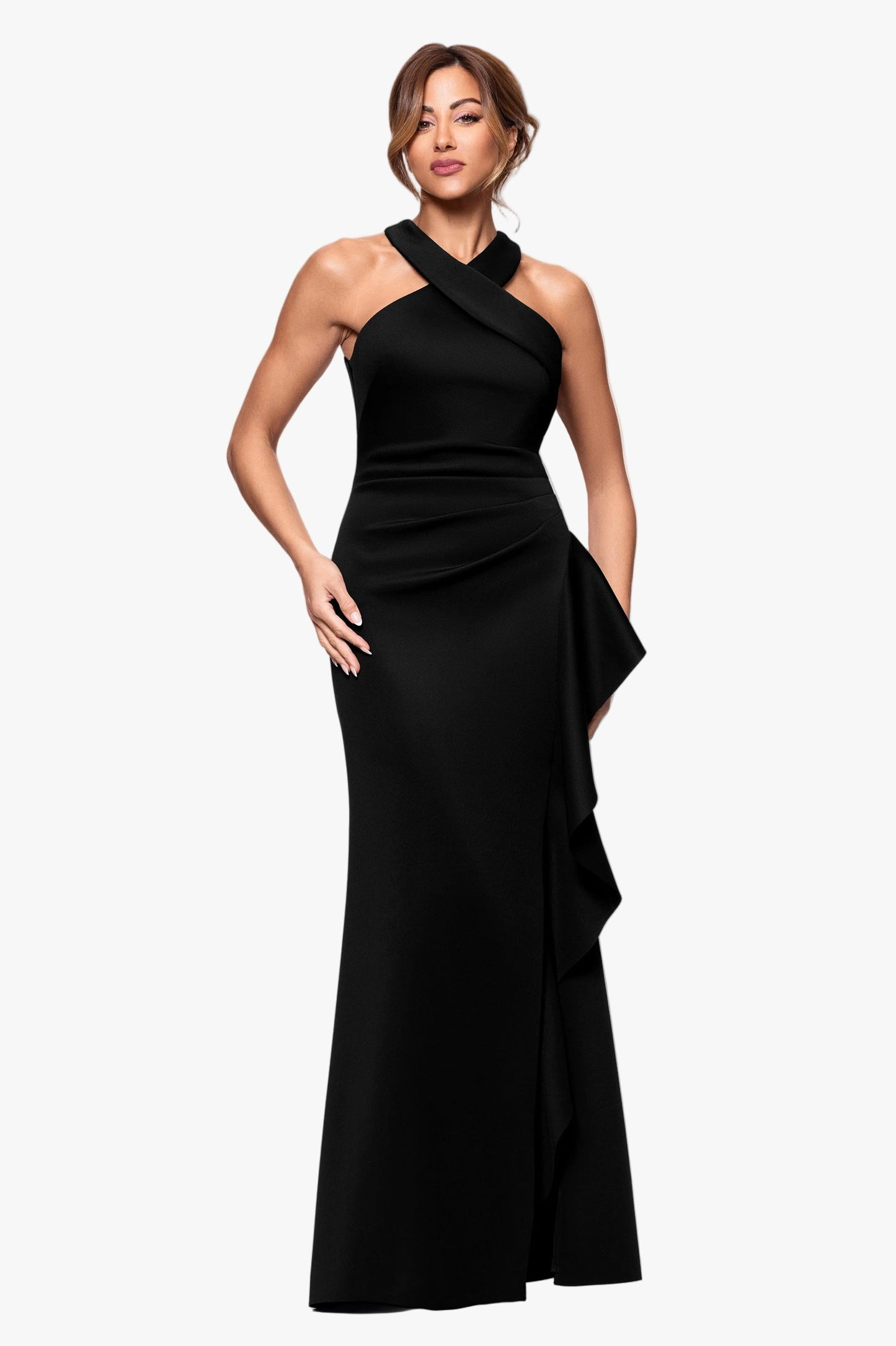Petite "Gigi" Techno Scuba Cross Neck Dress Black XSCAPE