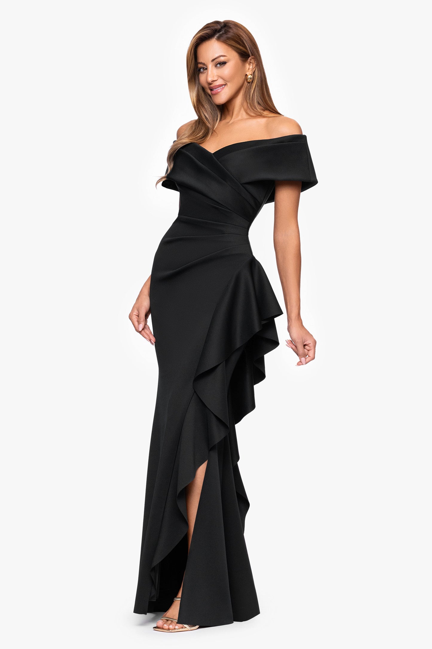 Petite "Pearl" Techno Scuba Off the Shoulder Ruffle Dress Black XSCAPE