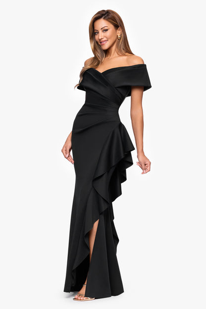 Petite "Pearl" Techno Scuba Off the Shoulder Ruffle Dress Black XSCAPE