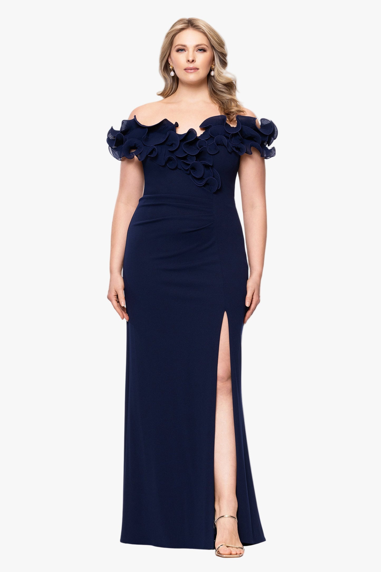 Plus "Anya" Scuba Crepe & Chiffon Ruffle Off the Shoulder Dress Navy XSCAPE