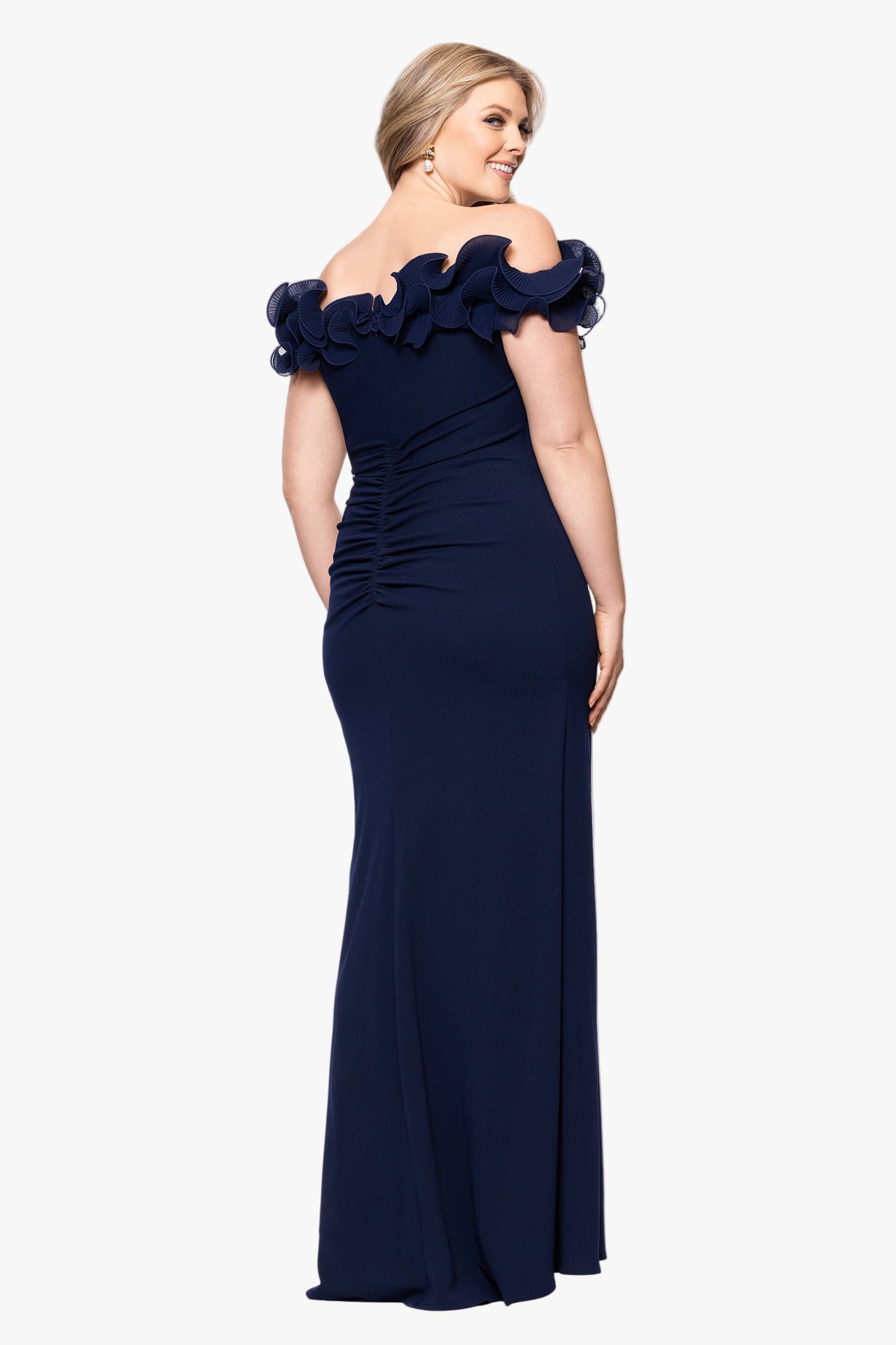 Plus "Anya" Scuba Crepe & Chiffon Ruffle Off the Shoulder Dress Navy XSCAPE