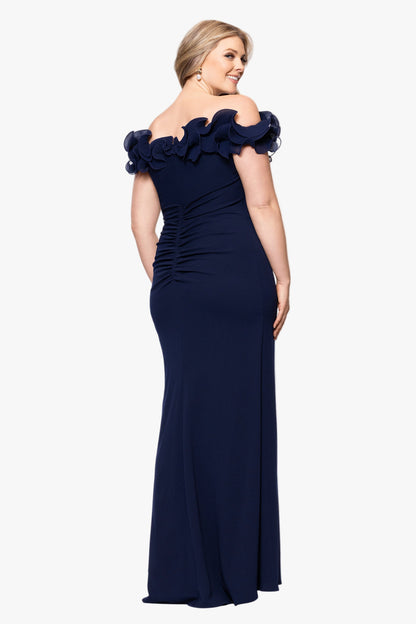 Plus "Anya" Scuba Crepe & Chiffon Ruffle Off the Shoulder Dress Navy XSCAPE