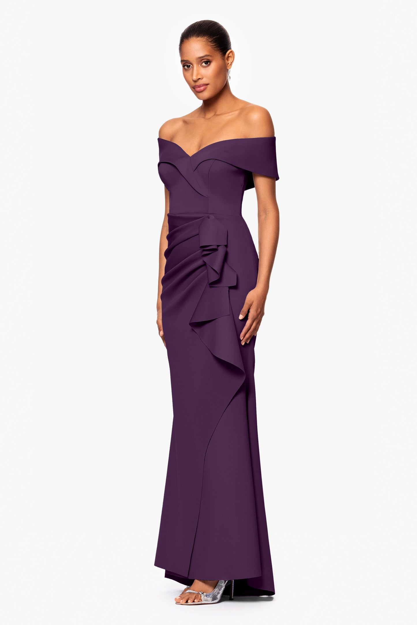 "Patti" Techno Scuba Off The Shoulder Dress Plum XSCAPE
