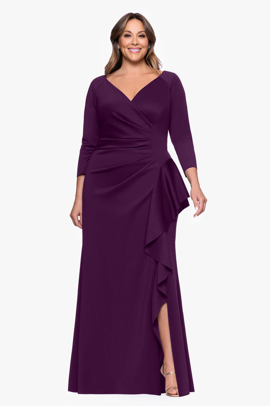 Plus "Amber" Techno Scuba 3/4 Sleeve V-Neck Ruffle Dress Plum XSCAPE