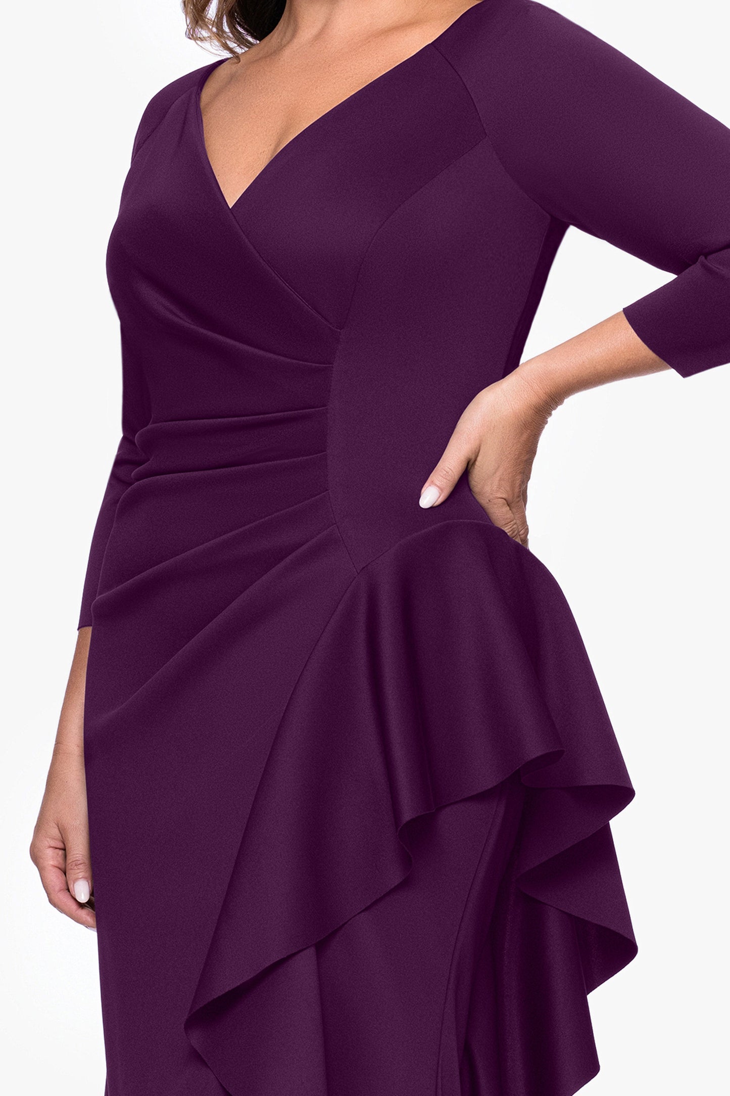 Plus "Amber" Techno Scuba 3/4 Sleeve V-Neck Ruffle Dress Plum XSCAPE