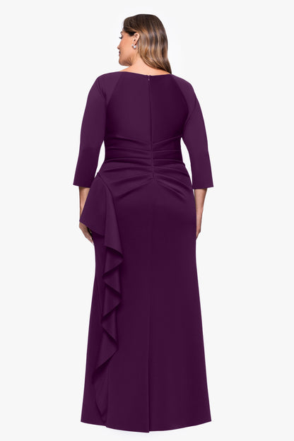 Plus "Amber" Techno Scuba 3/4 Sleeve V-Neck Ruffle Dress Plum XSCAPE