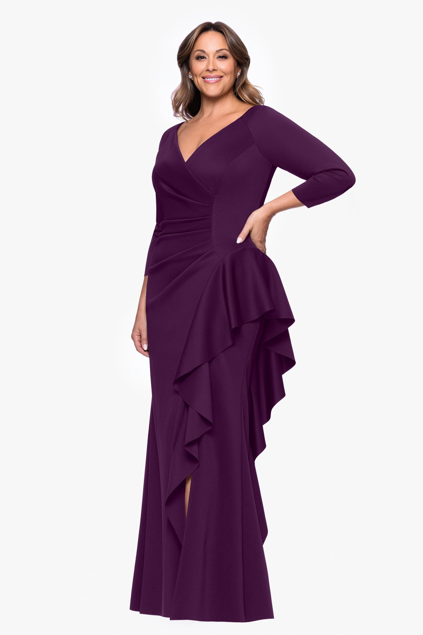 Plus "Amber" Techno Scuba 3/4 Sleeve V-Neck Ruffle Dress Plum XSCAPE