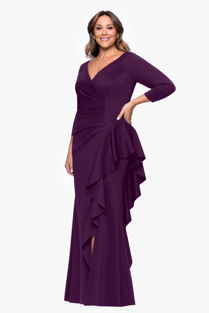 Plus "Amber" Techno Scuba 3/4 Sleeve V-Neck Ruffle Dress Plum XSCAPE