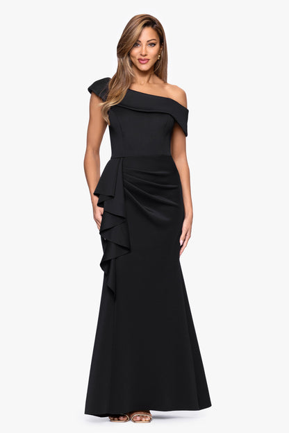 "Valerie" Techno Scuba Off the Shoulder Ruffle Dress Black XSCAPE