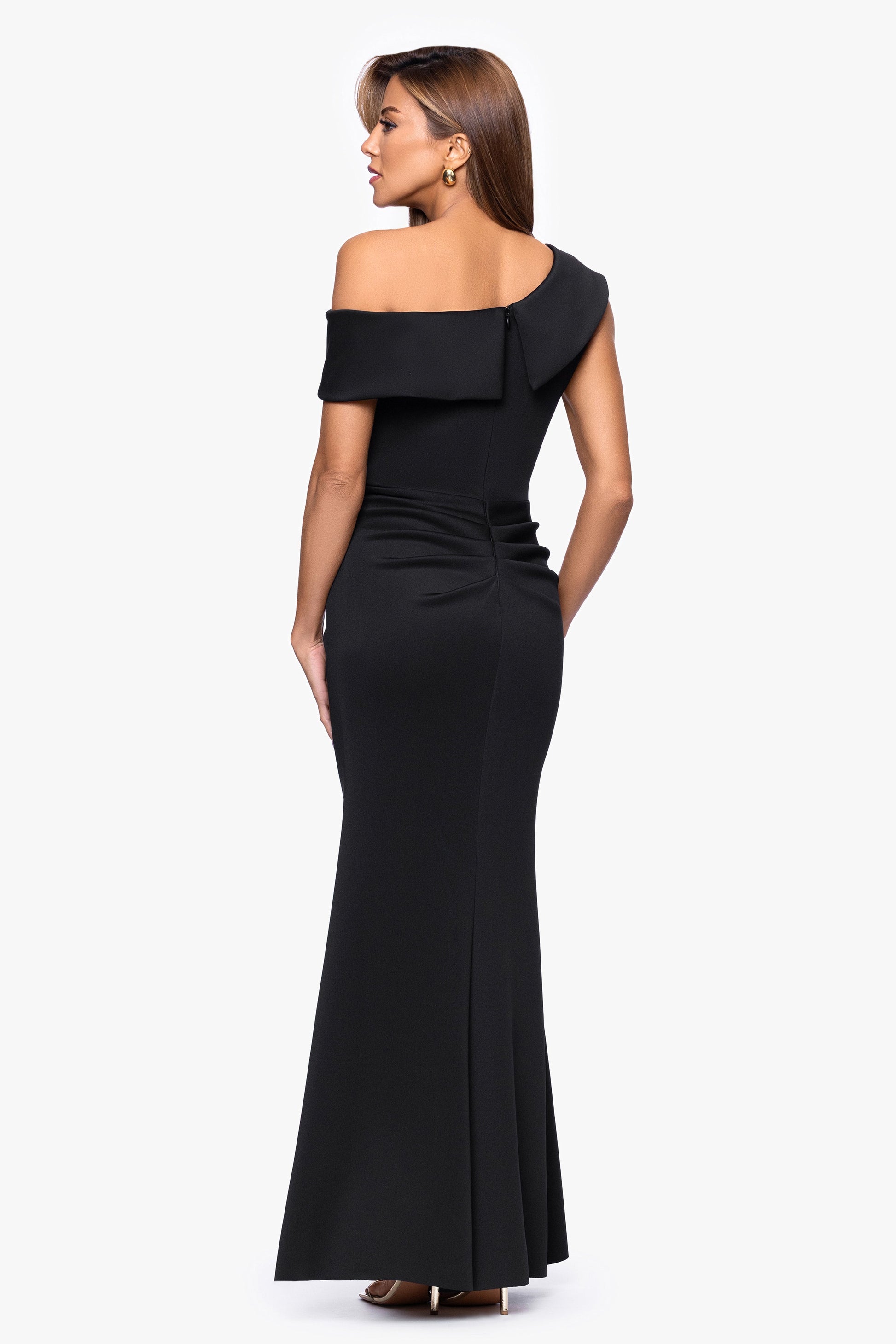 "Valerie" Techno Scuba Off the Shoulder Ruffle Dress Black XSCAPE