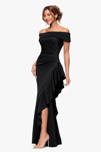 Petite "Dolly" Techno Scuba Off the Shoulder Ruffle Dress Black XSCAPE