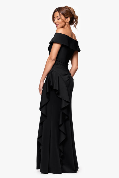 Petite "Dolly" Techno Scuba Off the Shoulder Ruffle Dress Black XSCAPE
