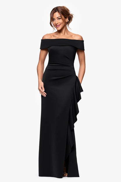 Petite "Dolly" Techno Scuba Off the Shoulder Ruffle Dress Black XSCAPE