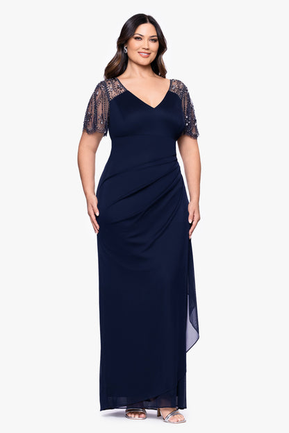 Plus "Lana" Sheer Matte Jersey Beaded Flutter Sleeve Dress Navy XSCAPE