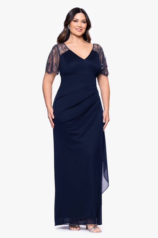 Plus "Lana" Sheer Matte Jersey Beaded Flutter Sleeve Dress Navy XSCAPE