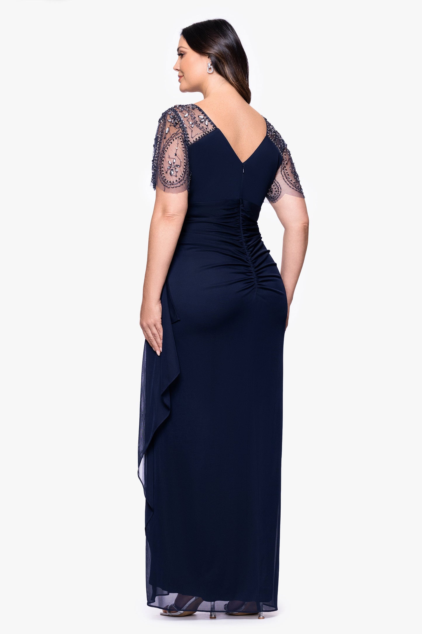 Plus "Lana" Sheer Matte Jersey Beaded Flutter Sleeve Dress Navy XSCAPE