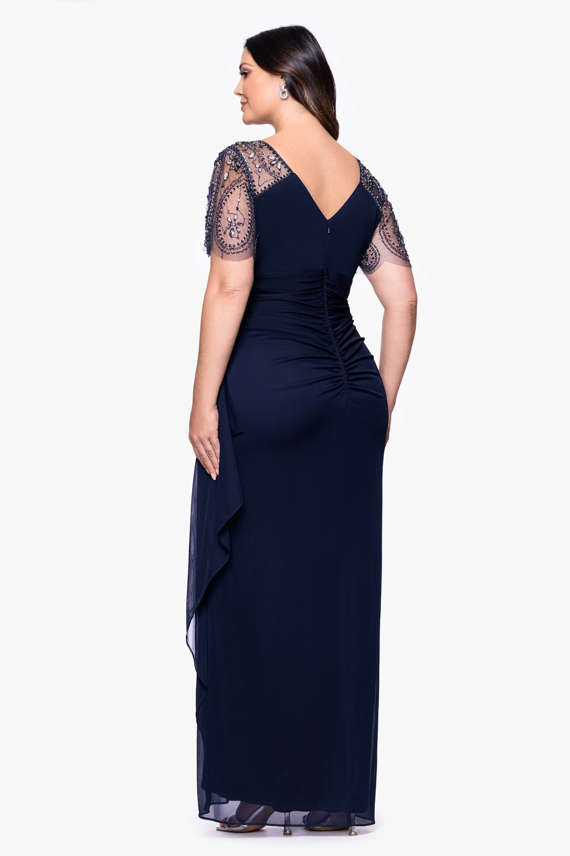 Plus "Lana" Sheer Matte Jersey Beaded Flutter Sleeve Dress Navy XSCAPE