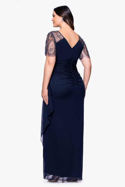 Plus "Lana" Sheer Matte Jersey Beaded Flutter Sleeve Dress Navy XSCAPE
