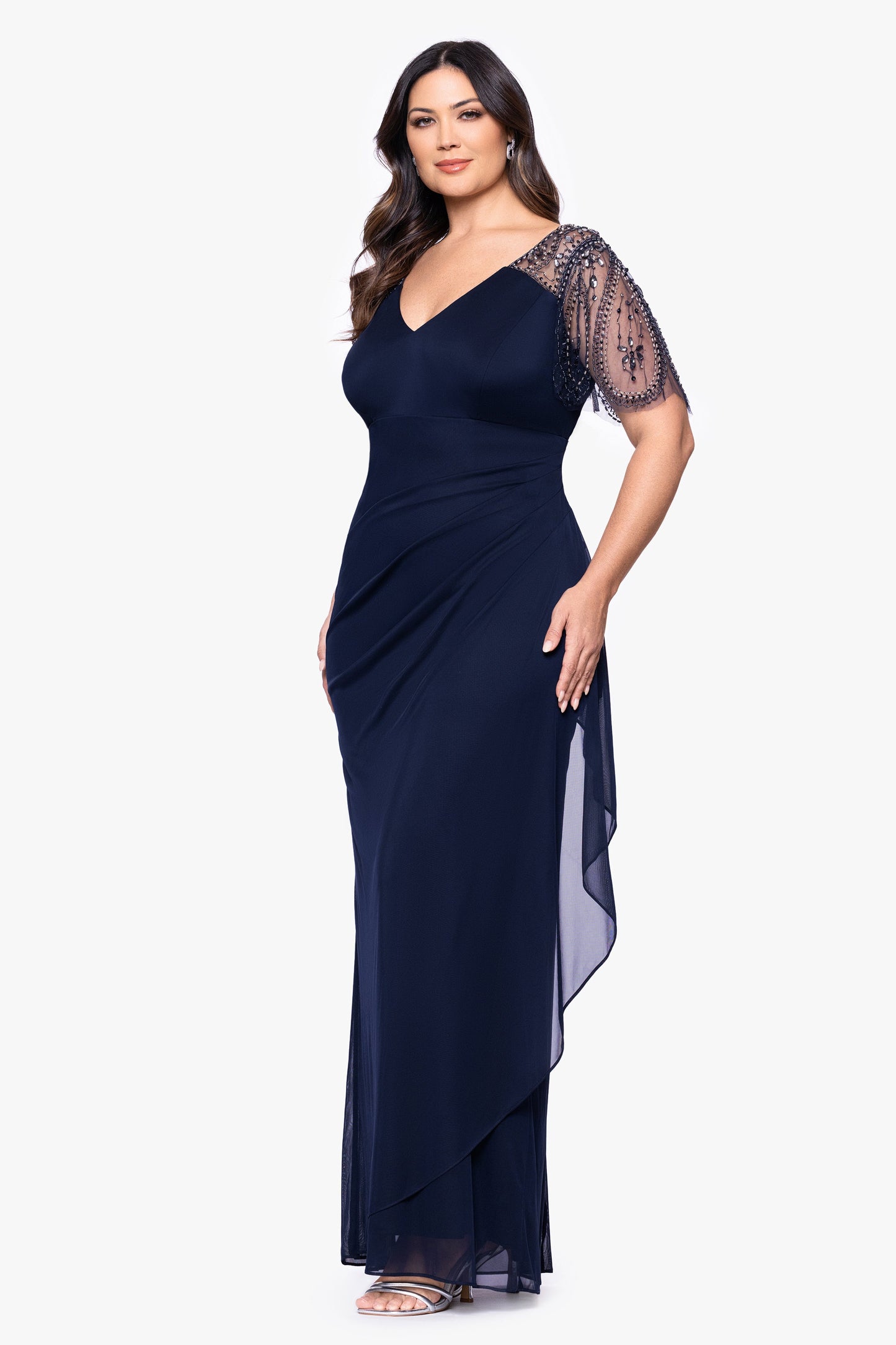Plus "Lana" Sheer Matte Jersey Beaded Flutter Sleeve Dress Navy XSCAPE