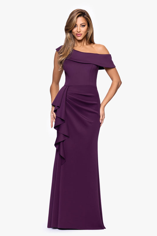 Petite "Valerie" Techno Scuba Off the Shoulder Ruffle Dress Plum XSCAPE