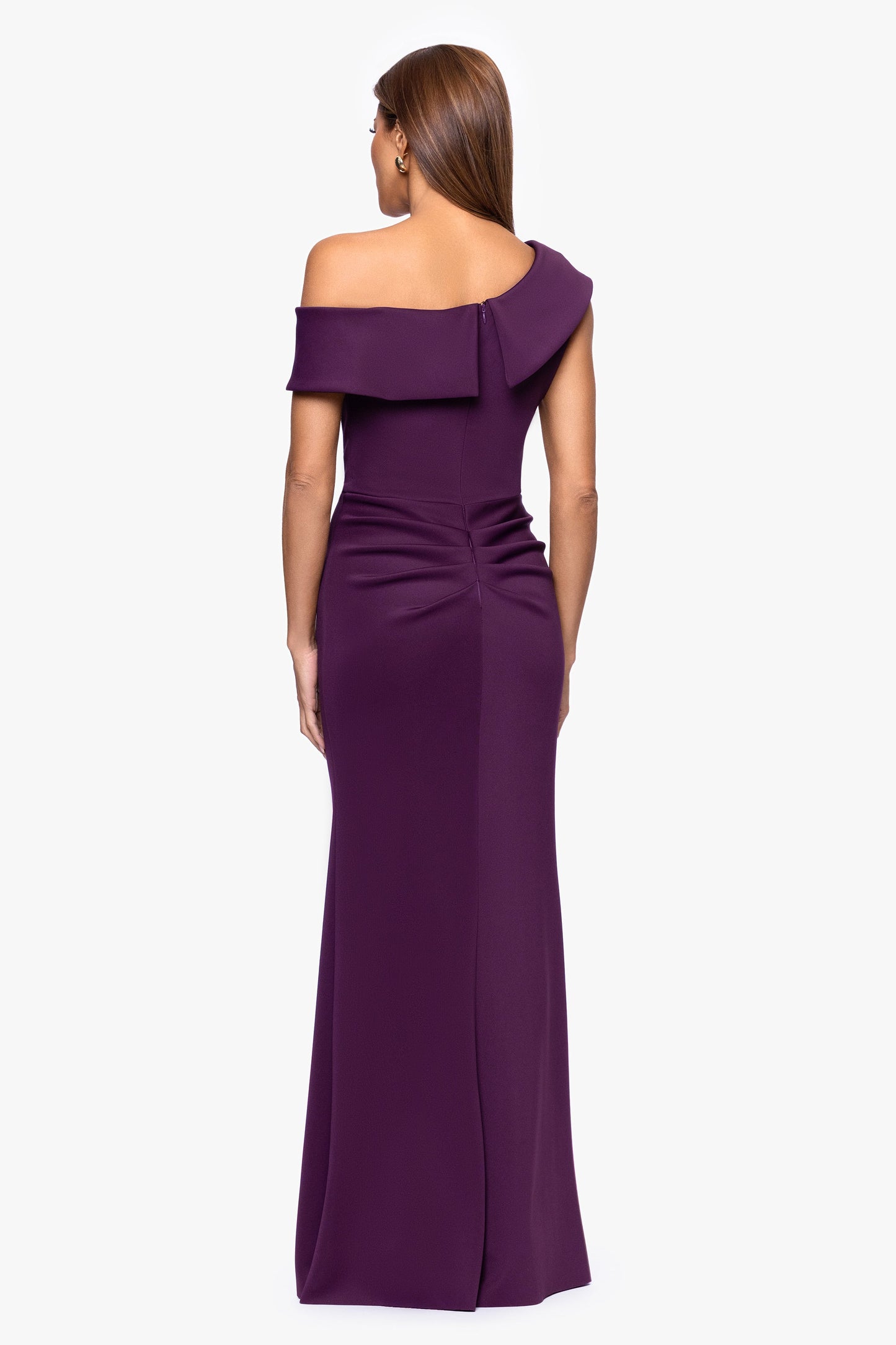 Petite "Valerie" Techno Scuba Off the Shoulder Ruffle Dress Plum XSCAPE