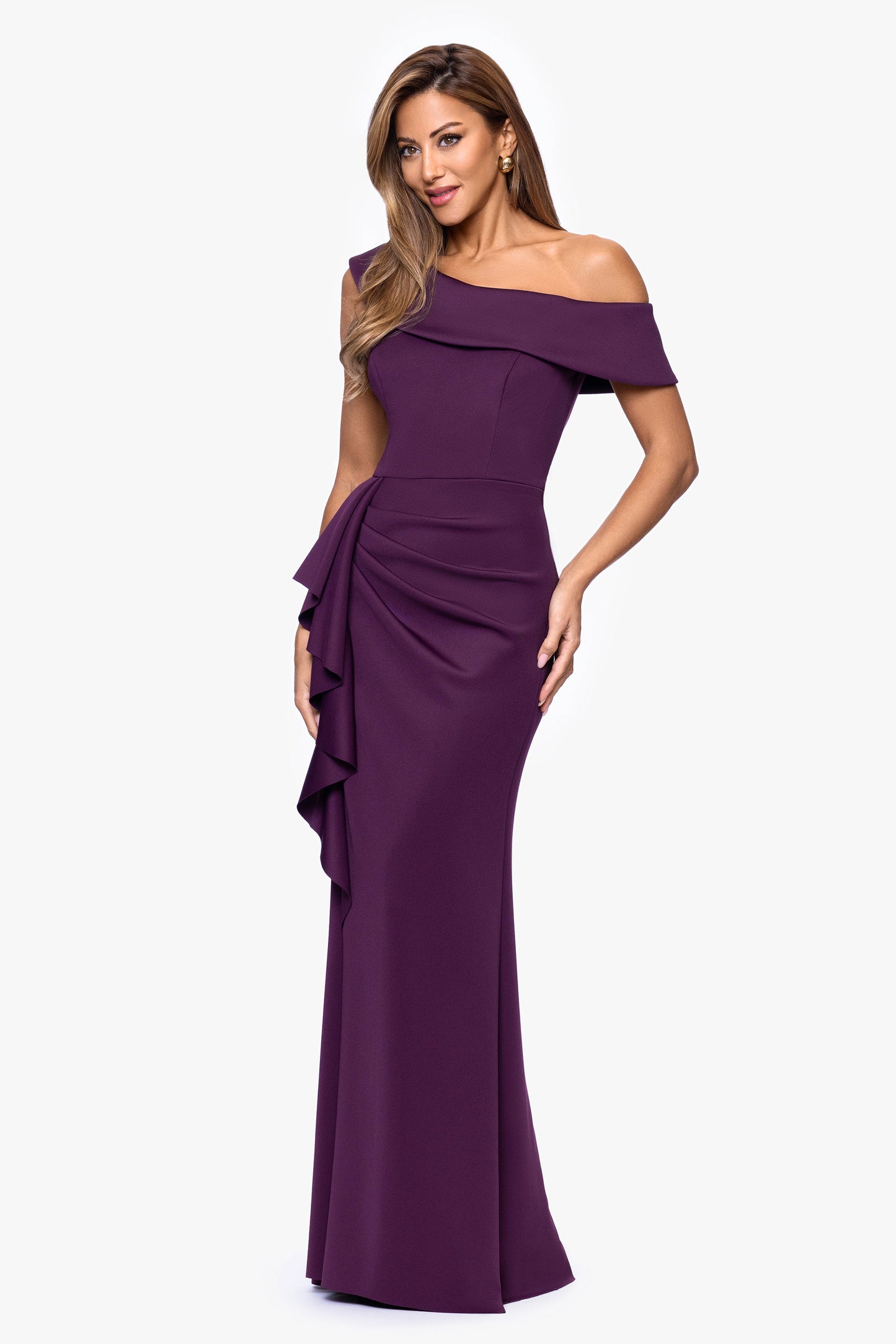 Petite "Valerie" Techno Scuba Off the Shoulder Ruffle Dress Plum XSCAPE