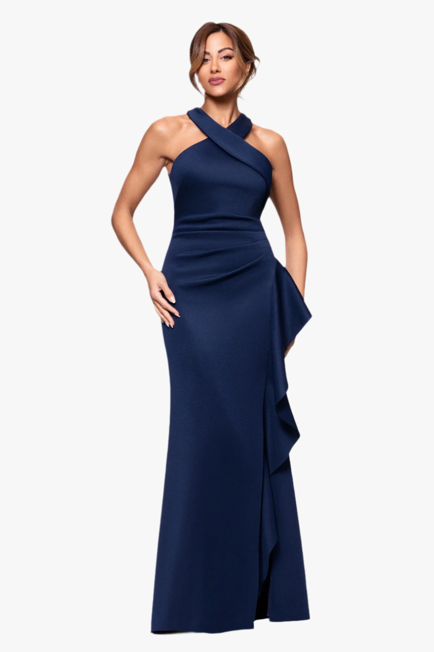 Petite "Gigi" Techno Scuba Cross Neck Dress Midnight XSCAPE