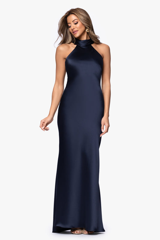 "Ruth" Satin High Tie Neck Backless Dress Navy XSCAPE