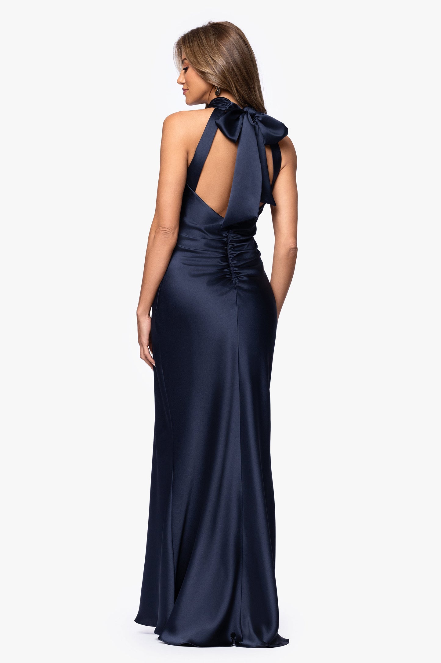 "Ruth" Satin High Tie Neck Backless Dress Navy XSCAPE
