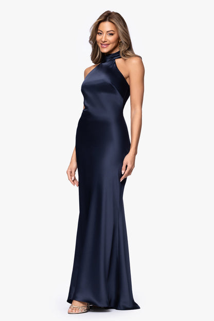 "Ruth" Satin High Tie Neck Backless Dress Navy XSCAPE