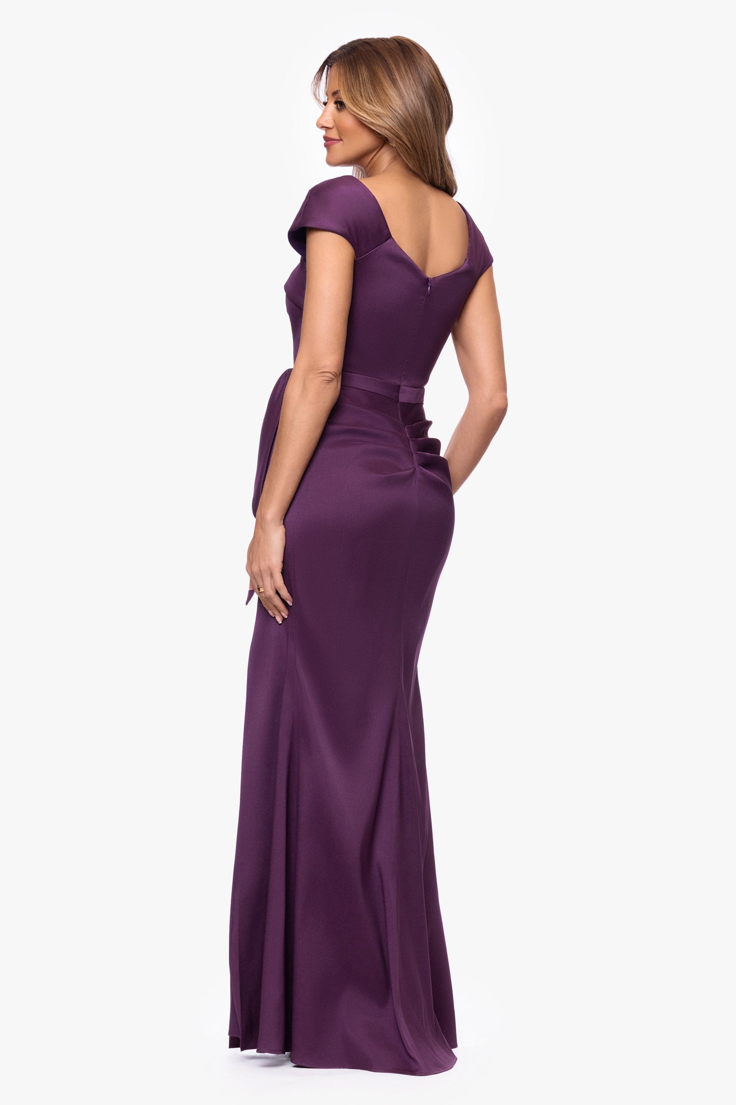 Petite "Katelyn" Stretch Mikado Asymmetrical Neckline Dress Plum XSCAPE