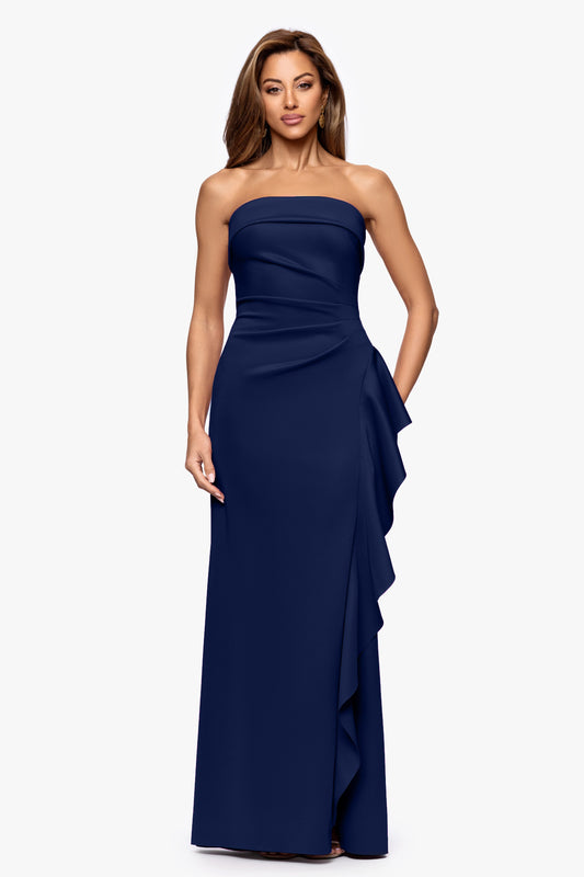 "Jacqueline" Techno Scuba Strapless Ruffle Dress Midnight XSCAPE