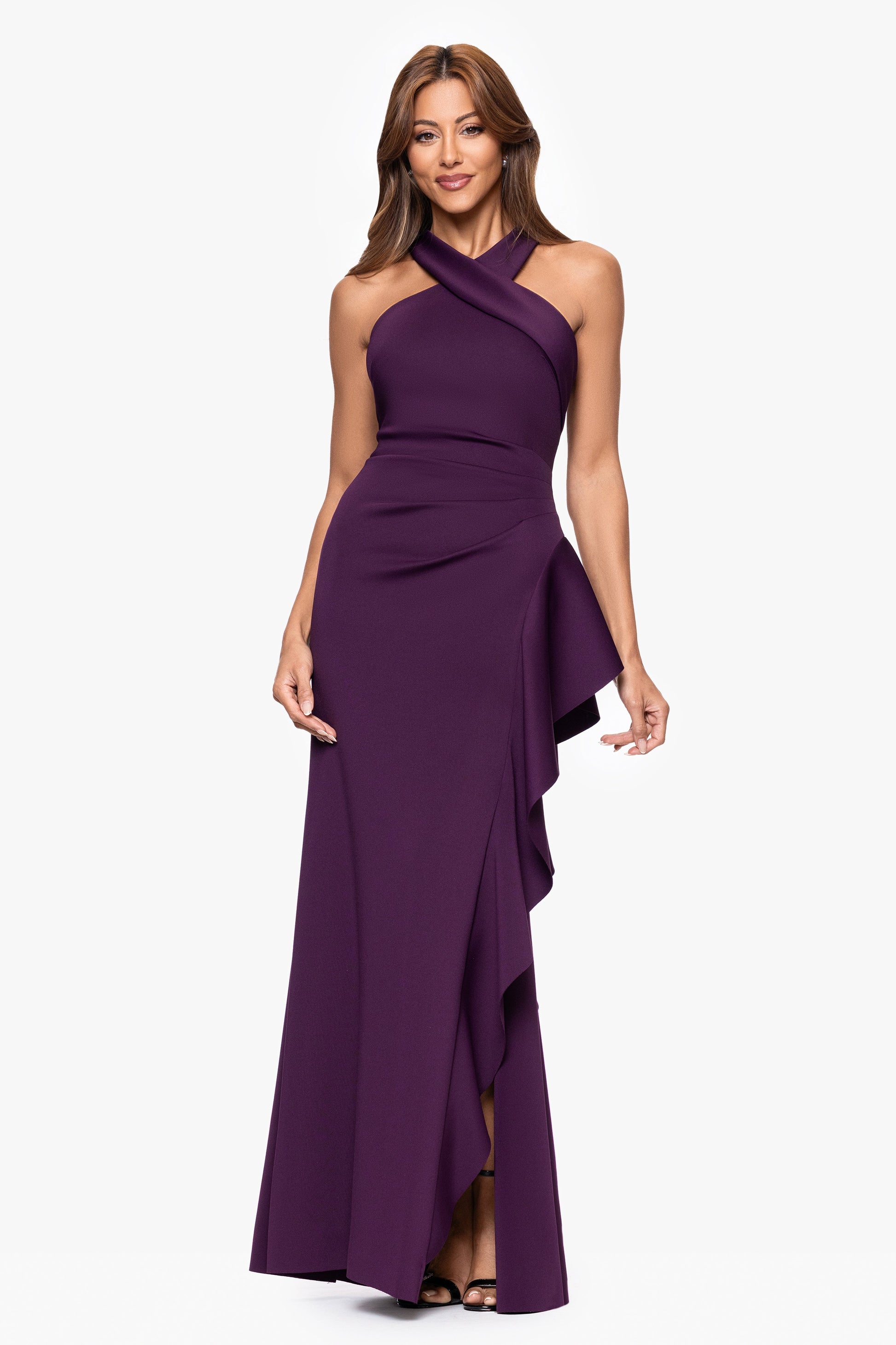 Petite "Gigi" Techno Scuba Cross Neck Dress Plum XSCAPE
