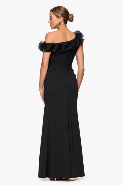 "Delilah" Scuba Crepe Drop Shoulder Chiffon Ruffle Dress Black XSCAPE