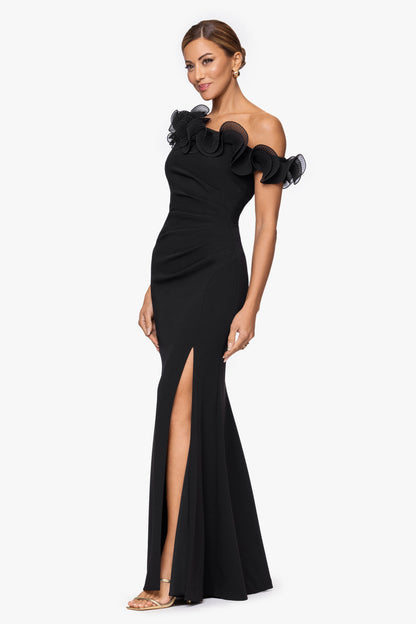 "Delilah" Scuba Crepe Drop Shoulder Chiffon Ruffle Dress Black XSCAPE