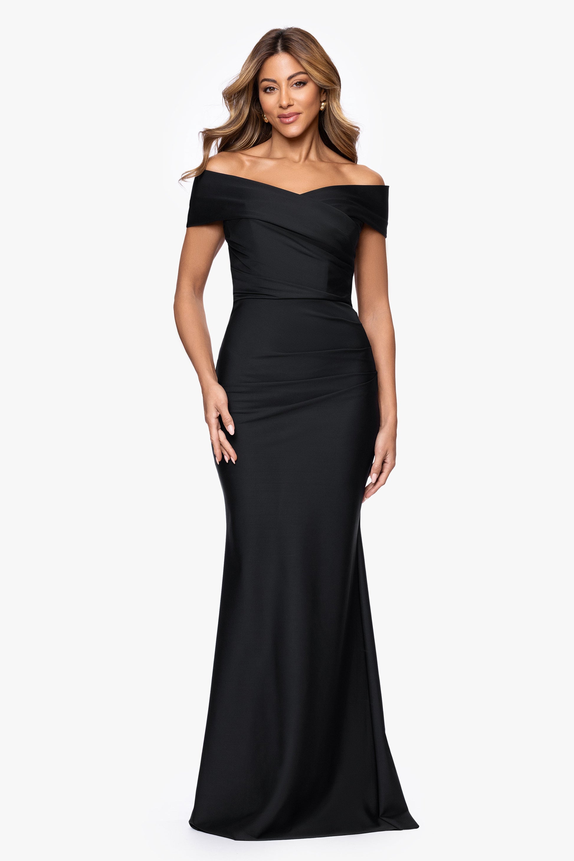 "Eloise" Bended Knit Off The Shoulder Ruched Dress Black XSCAPE