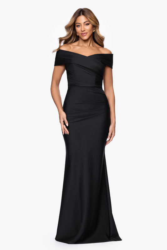 "Eloise" Bended Knit Off The Shoulder Ruched Dress Black XSCAPE