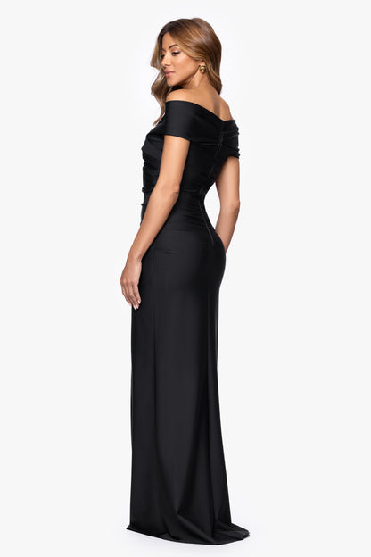 "Eloise" Bended Knit Off The Shoulder Ruched Dress Black XSCAPE