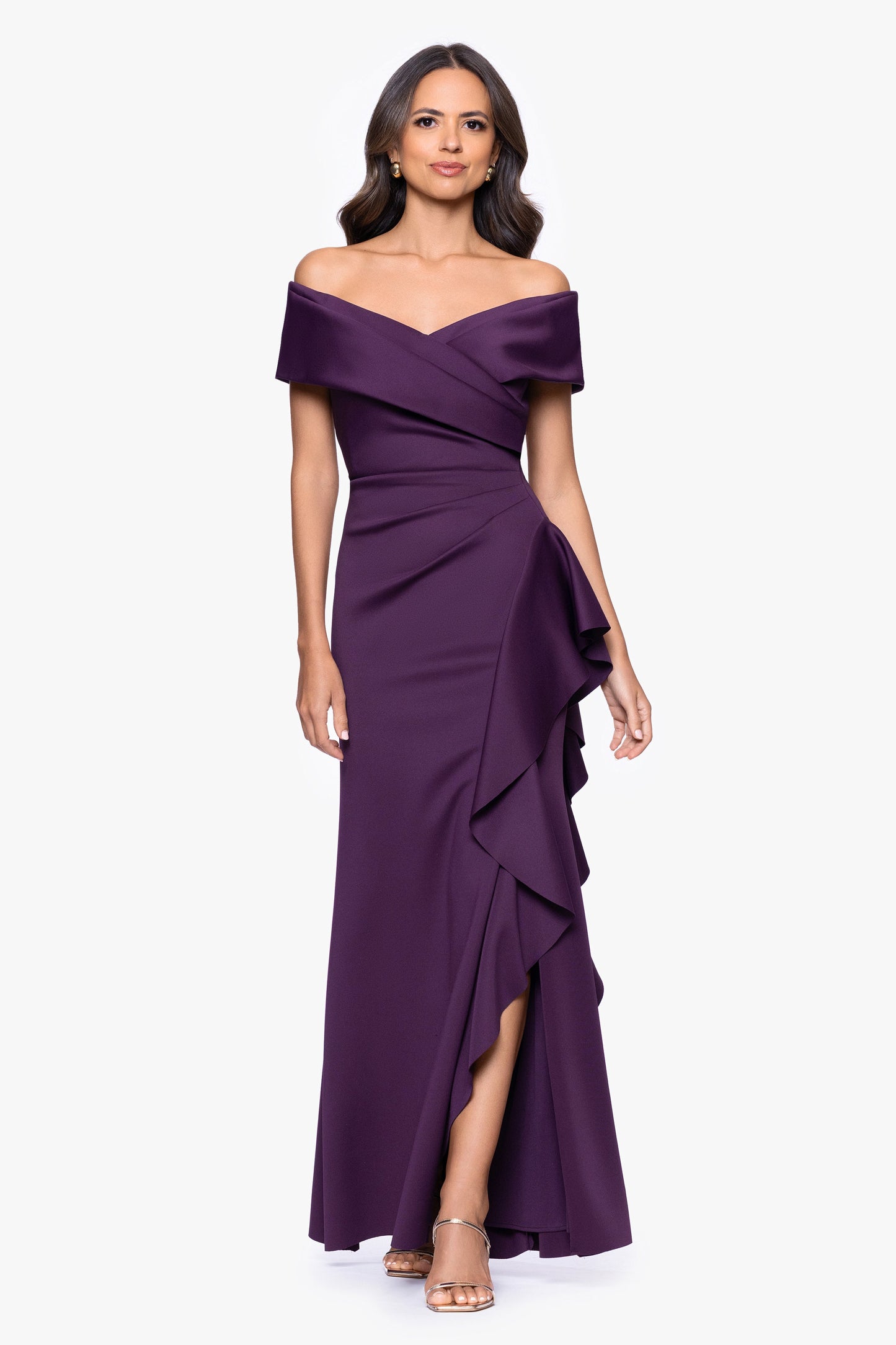 "Pearl" Techno Scuba Off the Shoulder Ruffle Dress Plum XSCAPE