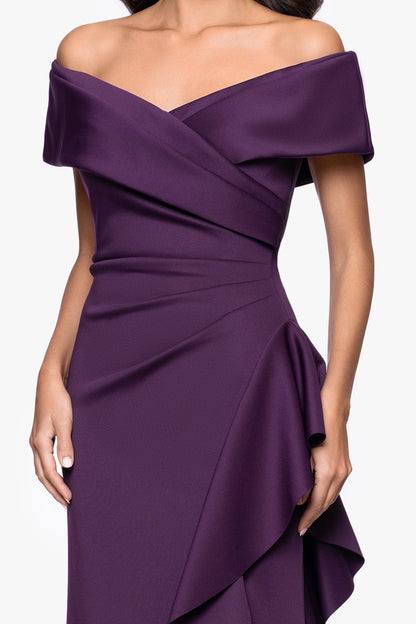 "Pearl" Techno Scuba Off the Shoulder Ruffle Dress Plum XSCAPE