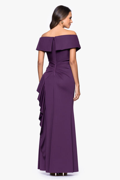 "Pearl" Techno Scuba Off the Shoulder Ruffle Dress Plum XSCAPE