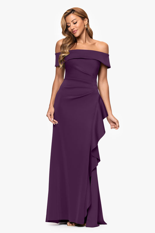 "Dolly" Techno Scuba Off The Shoulder Ruffle Dress Plum XSCAPE