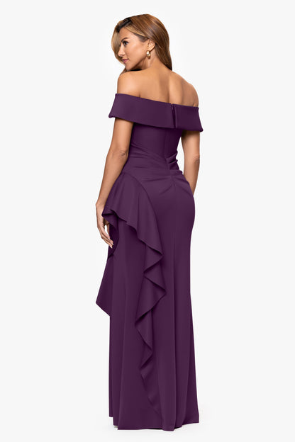 "Dolly" Techno Scuba Off The Shoulder Ruffle Dress Plum XSCAPE