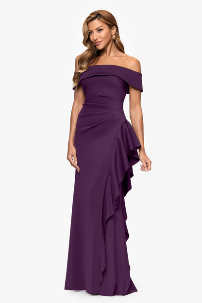"Dolly" Techno Scuba Off The Shoulder Ruffle Dress Plum XSCAPE