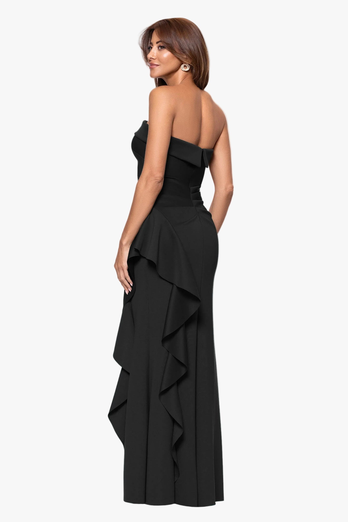 Petite "Jacqueline" Techno Scuba Strapless Ruffle Dress Black XSCAPE