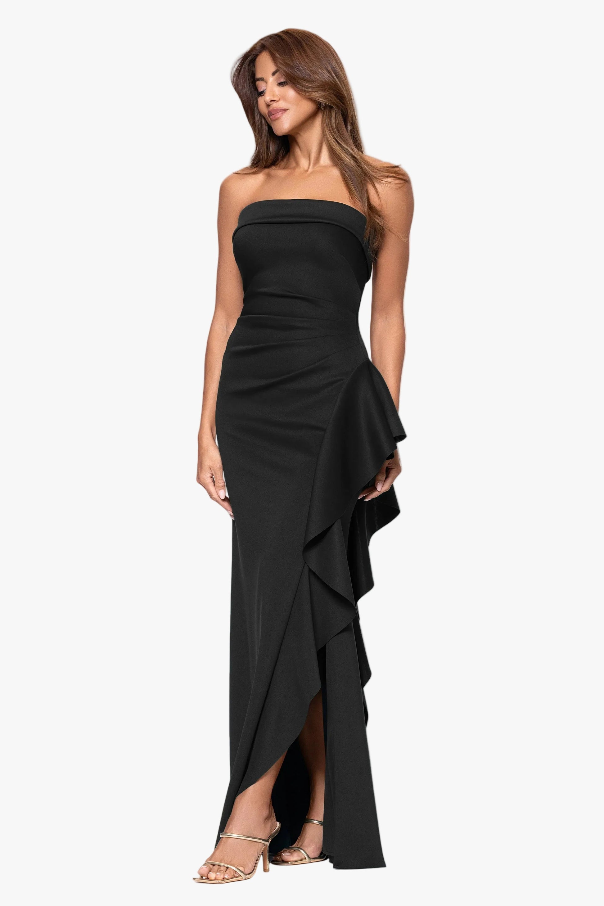 Petite "Jacqueline" Techno Scuba Strapless Ruffle Dress Black XSCAPE
