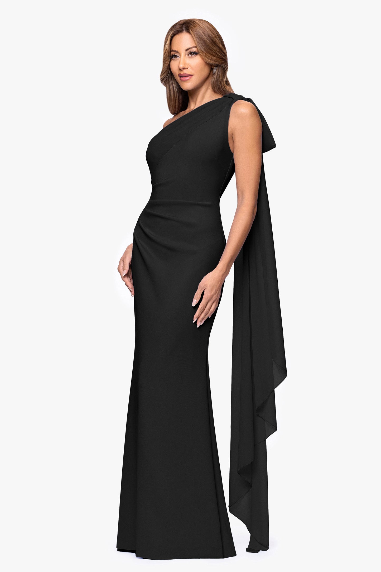 Petite "Gwen" Techno Scuba One Shoulder Sash Dress Black XSCAPE