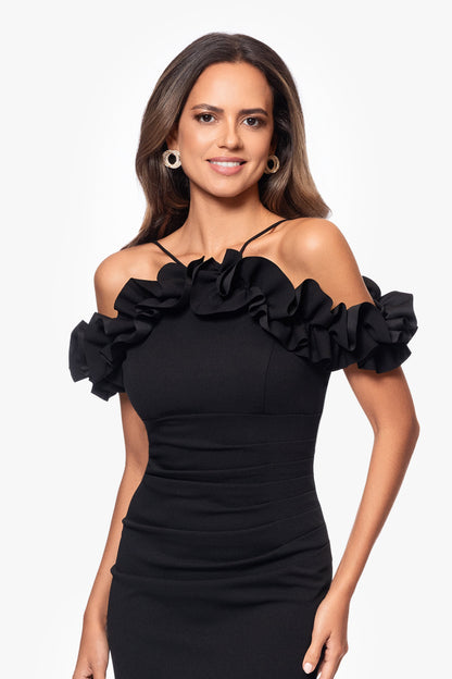 Petite "Tyla" Scuba Crepe Ruffle Top Dress Black XSCAPE